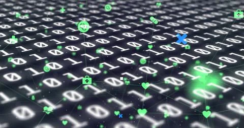Abstract shapes and network of digital icons against binary coding data Stock Illustration