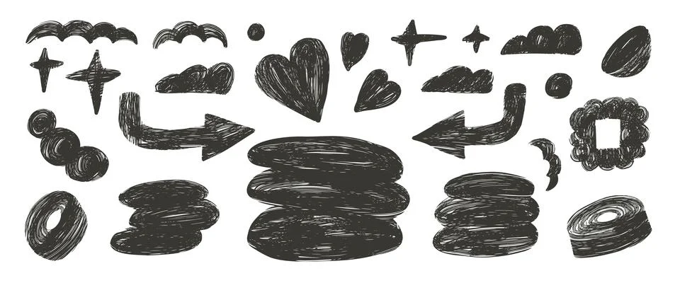 Abstract shapes and text boxes charcoal drawn set. Naive doodle figures on white Stock Illustration