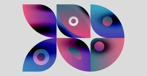 Abstract shapes blend vibrant pinks, blues, purples. Circular elements add depth Illustrazione stock