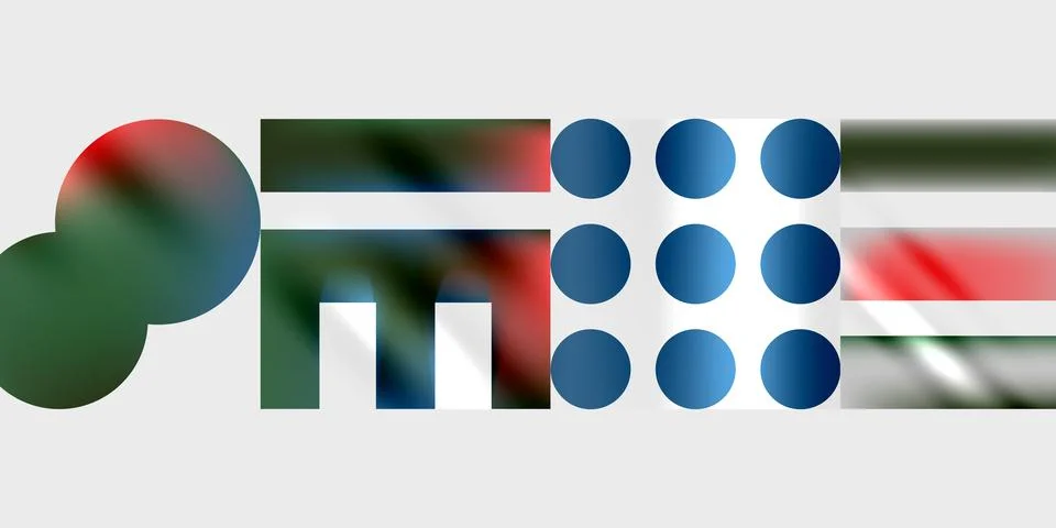 Abstract shapes, circles, rectangles blend. Colors include green, red, blue, Stockillustratie