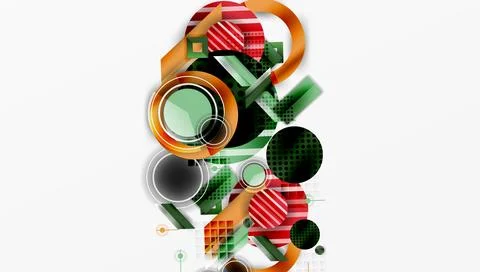 Abstract shapes, circles, rectangles, lines. Vibrant colors, green, red, black, イラスト素材