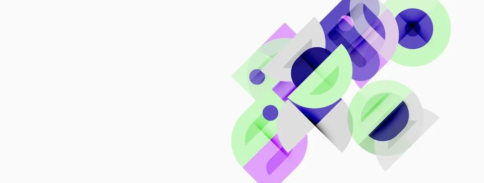Abstract shapes, circles, rectangles overlap. Purple, green hues dominate whi Illustrazione stock