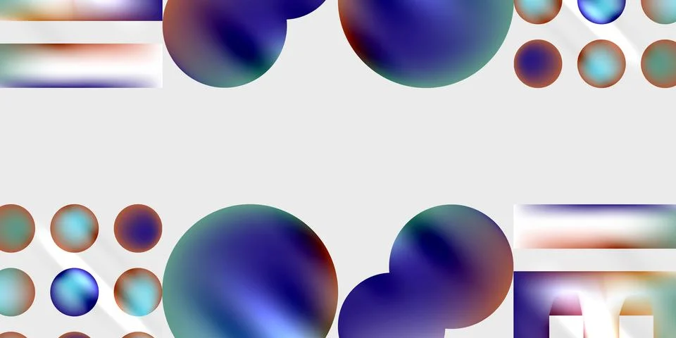 Abstract shapes, circles, rectangles present vibrant blue, white hues. Illustrazione stock
