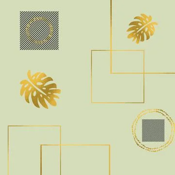 Abstract shapes cubes in stripes golden and monstera golden leaves Stock Illustration