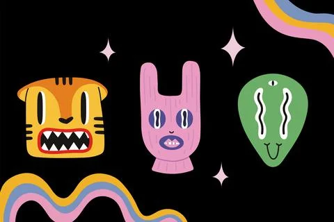 Abstract shapes, funny comic cute characters:tiger, alien, rabbit in balaclav Stock Illustration