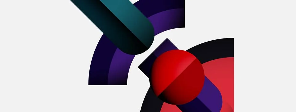 Abstract shapes intersect, creating dynamic composition. Red sphere contrasts Stock Illustration