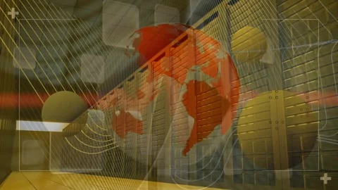 Abstract shapes over spinning globe against empty computer server room Stock Footage 328465867