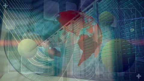 Abstract shapes over spinning globe against empty computer server room Stock Footage 329168466