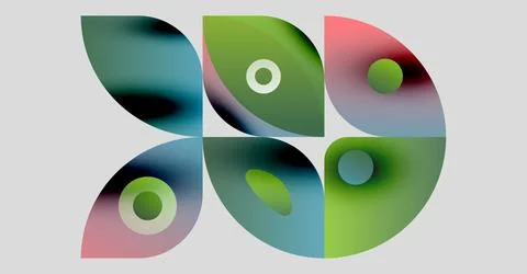 Abstract shapes overlap, creating colorful petallike forms. Gradient hues blend, Stock Illustration