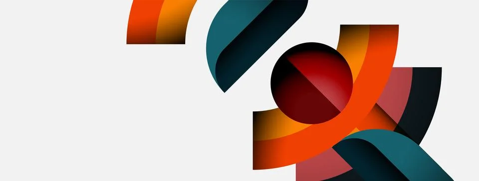 Abstract shapes overlap, creating dynamic composition. Colors include orange, Stock Illustration