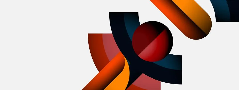 Abstract shapes overlap, creating dynamic composition. Colors include red, Stock Illustration