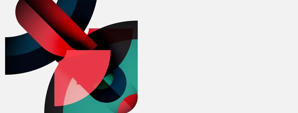 Abstract shapes overlap, creating dynamic composition. Red, teal, black hues 库存插图