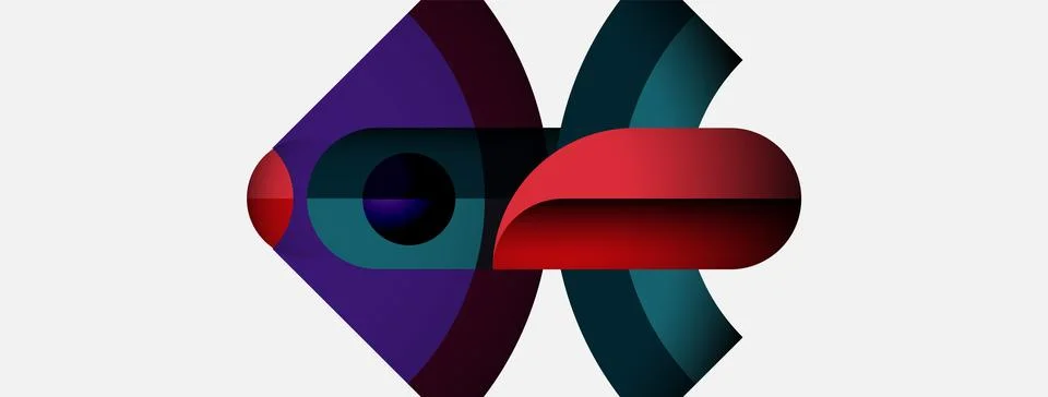 Abstract shapes overlap, creating dynamic composition. Red, purple, teal hues Stockillustratie