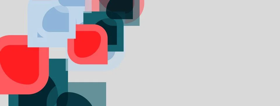 Abstract shapes overlap, creating dynamic composition. Red, teal, light blue Stock Illustration