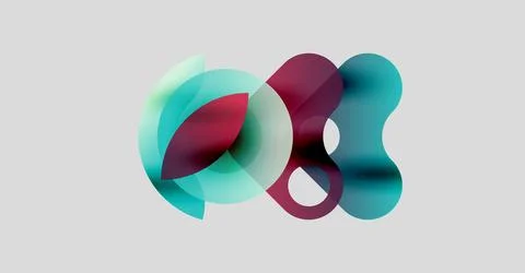 Abstract shapes overlap, creating fluid forms. Colors include teal, crimson, Stock Illustration