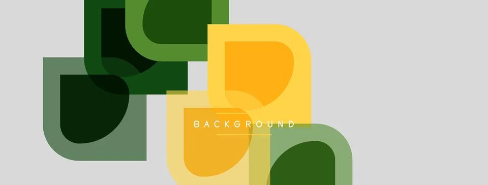 Abstract shapes overlap, creating layered visual effect. Green, yellow hues Illustrazione stock