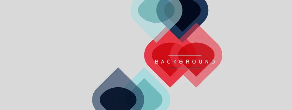 Abstract shapes overlap, creating layered visual effect. Red heart prominent, Illustrazione stock