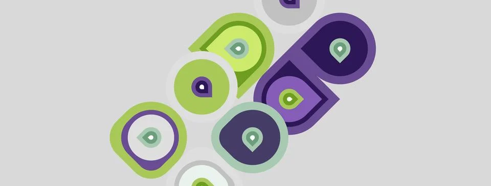 Abstract shapes overlap, creating layered visual effect. Green, purple hues Stock Illustration