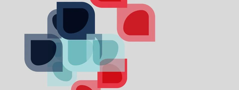 Abstract shapes overlap, creating layered visual effect. Colors include blue, Stock Illustration