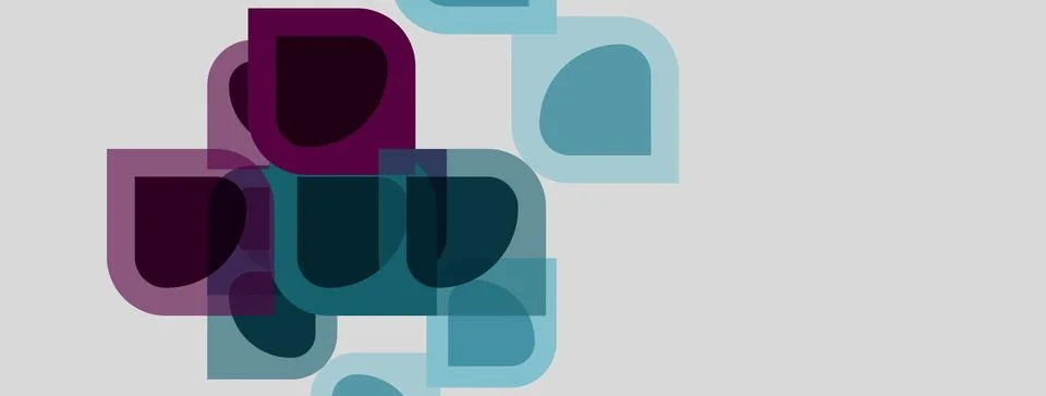 Abstract shapes overlap, creating layered visual effect. Purple, teal hues Stock Illustration