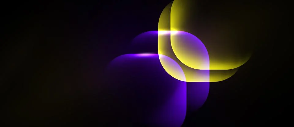 Abstract shapes overlap, creating luminous effects. Yellow, purple hues dom.. Ilustración de archivo