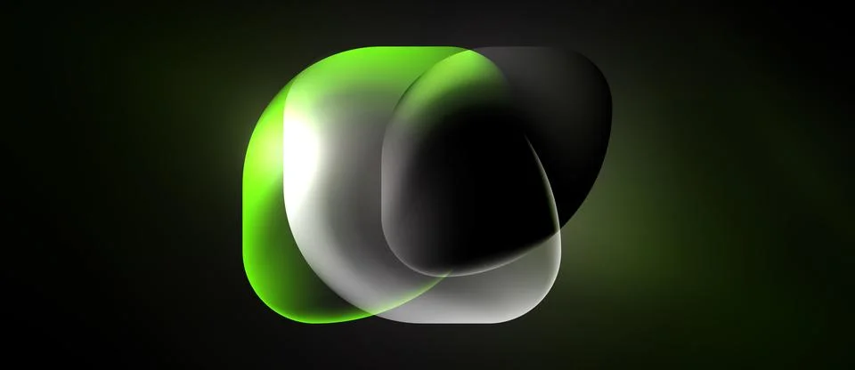 Abstract shapes overlap, creating luminous effect. Green, black, white hues Illustrazione stock