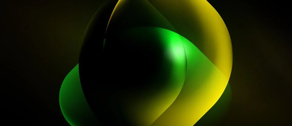 Abstract shapes overlap, creating luminous green, yellow forms against dark Stock Illustration