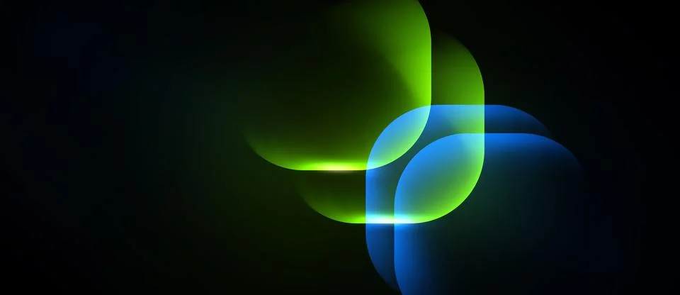 Abstract shapes overlap, creating luminous effects. Green, blue hues dominate Stock Illustration