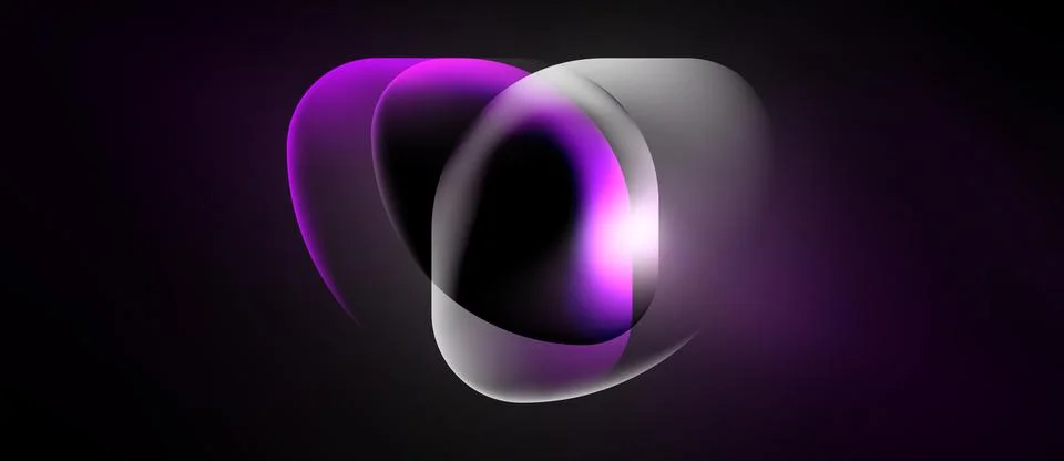 Abstract shapes overlap, creating luminous purple, silver effect. Dark Stock Illustration