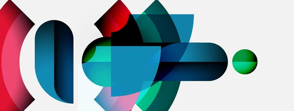 Abstract shapes overlap, creating vibrant color blends. Composition features Stock Illustration