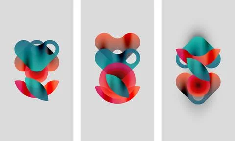 Abstract shapes overlap, creating vibrant color blends. Three panels display 스톡 일러스트