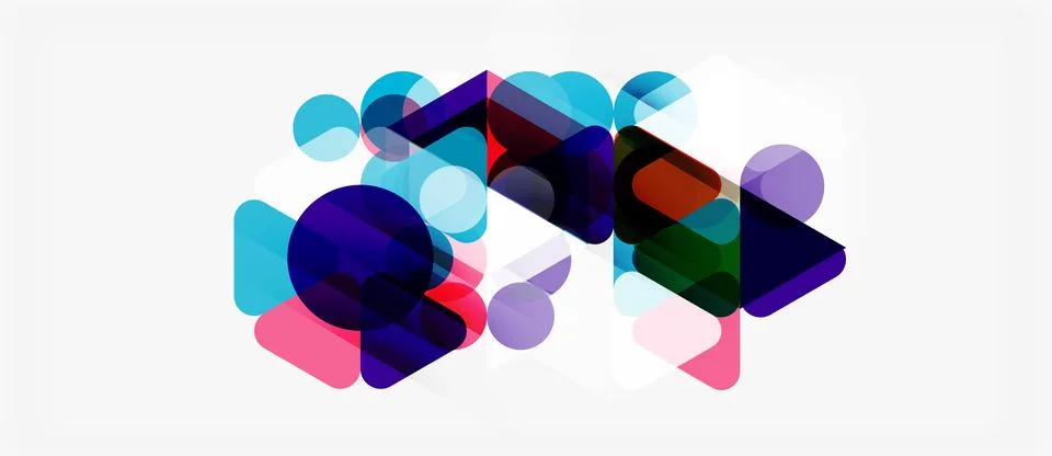 Abstract shapes overlap, creating vibrant color blends. Geometric forms sugge Stock Illustration