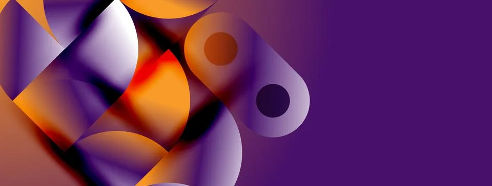 Abstract shapes overlap, creating vibrant orange, purple gradients. Modern Illustrazione stock