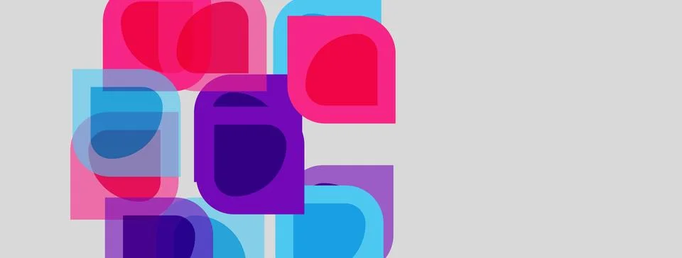 Abstract shapes overlap, creating vibrant color blocks. Pink, purple, blue hu Illustrazione stock