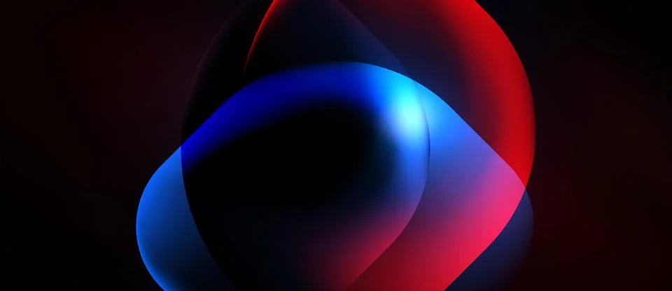 Abstract shapes overlap, creating vibrant red, blue hues. Dark background Illustrazione stock