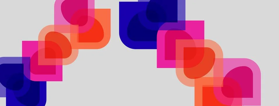 Abstract shapes overlap, creating vibrant color patterns. Pink, orange, purpl Stock Illustration