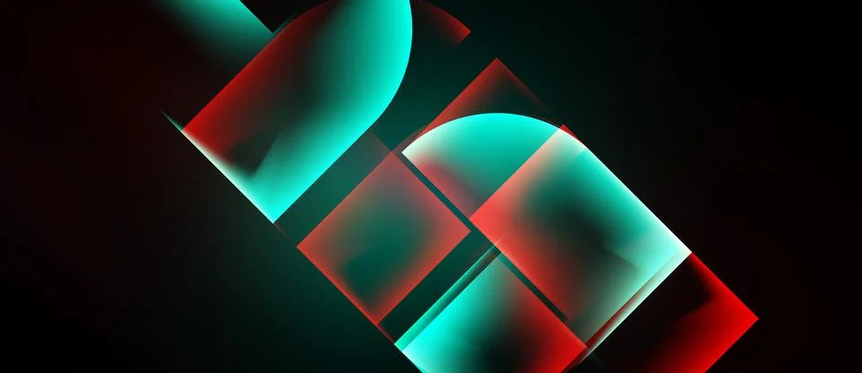 Abstract shapes overlap, creating vibrant teal, red gradients. Dark backgroun Stock Illustration