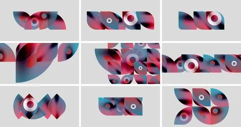 Abstract shapes, red and blue gradients, circular elements. Minimalist design, Illustrazione stock