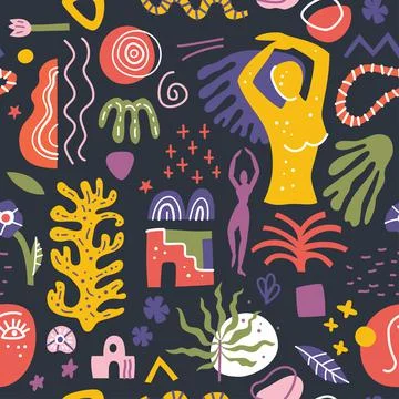 Abstract shapes seamless pattern. Background illustration of flat matisse style Stock Illustration