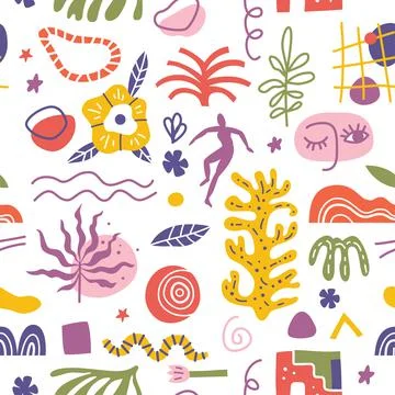 Abstract shapes seamless pattern. Background illustration of flat matisse style 스톡 일러스트