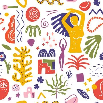 Abstract shapes seamless pattern. Background illustration of flat matisse style 스톡 일러스트