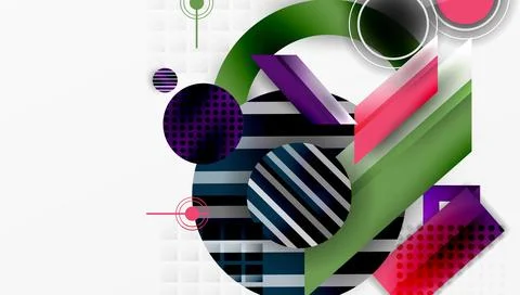 Abstract shapes, vibrant colors, dynamic composition. Circles, stripes, Stock Illustration