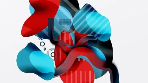 Abstract shapes, vibrant colors, dynamic composition. Red, blue, black elements Stock Illustration