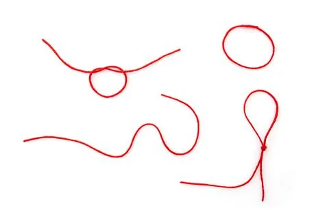 Abstract shapes by woolen red thread, rope isolated on white, top view Foto stock