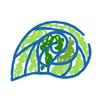 Abstract shell drawing with blue spiral lines and green scribbles Illustrazione stock