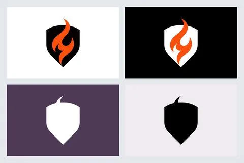 Abstract Shield and Fire Flame Logo Design Vector Stock Illustration