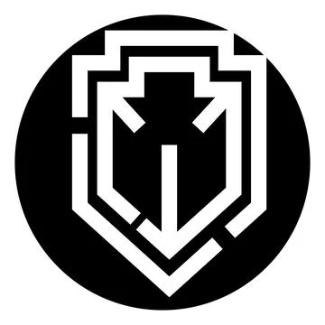 Abstract shield logo with multiple inward arrows Illustrazione stock