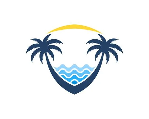 Abstract shield with palm tree and beach wave Stock Illustration