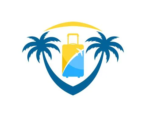 Abstract shield with palm tree and travel bag inside Stock Illustration
