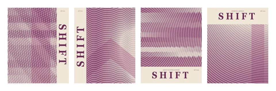 Abstract shift pattern posters with purple wavy lines and geometric grids. .. 스톡 일러스트